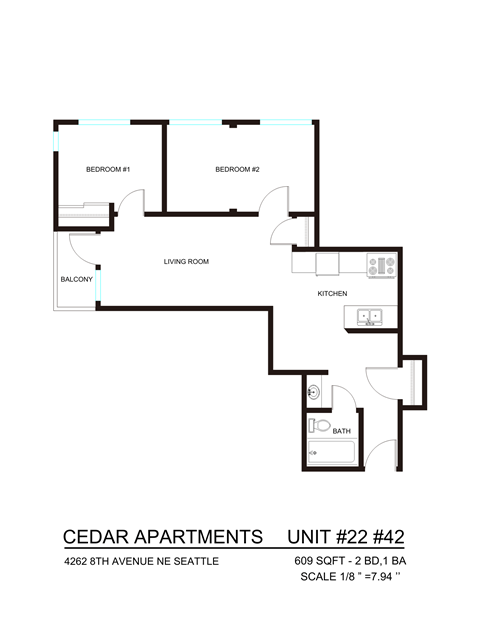 Floor plan for 2 beds, 1 bath, 542 sqft